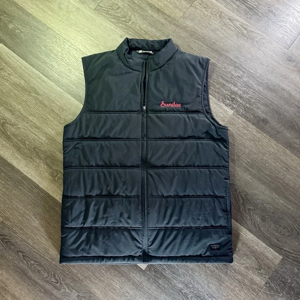 Travis Mathews Men's large L Black Puffer Vest with Pink Logo Sundae
